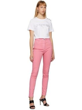 Balmain Paris Pink Skinny Jeans White Stitch Logo Pocket Made in Italy Size 42